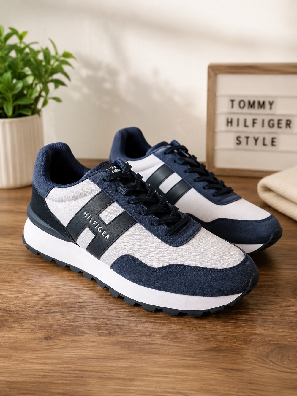 NWOT Tommy Hilfiger Men’s Navy and White Low-Top Sneakers